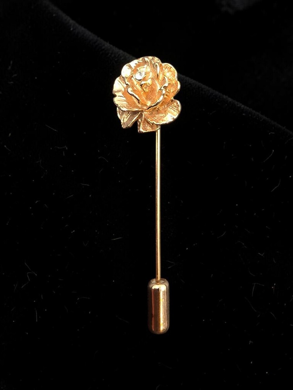 Vintage ML Gold Tone Rose Stick Pin Brooch with Crystal | Floral Lapel Hat Scarf